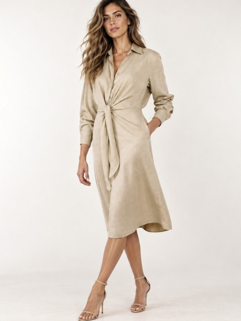 Banana Republic Satin Midi Shirt Dress Tie Front Champagne Beige Sz XL $140 NEW